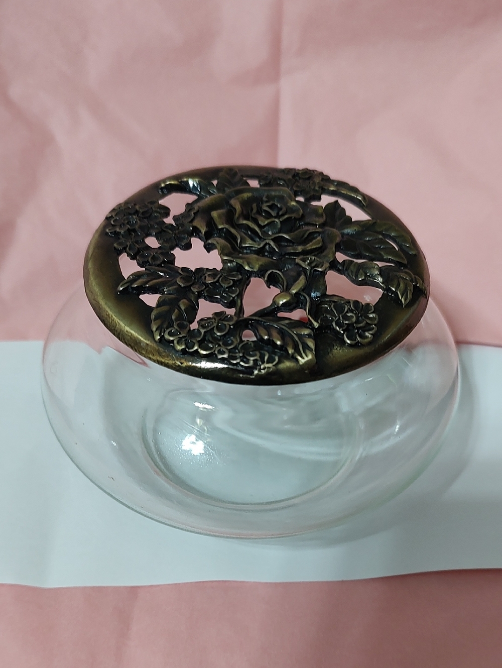 Decorative Glass Bowl, Pewter Floral Lid